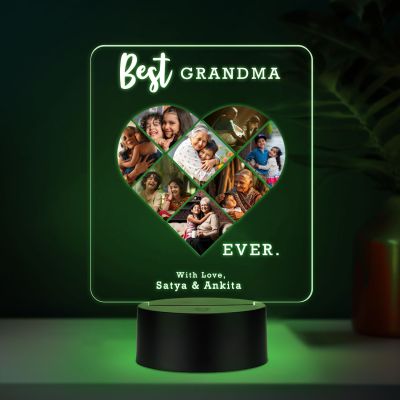 Personalized Best Grandma Ever LED Night Light, Heart Photo Collage Frame with Multicolored Light Memorable Gift for Dadi Maa